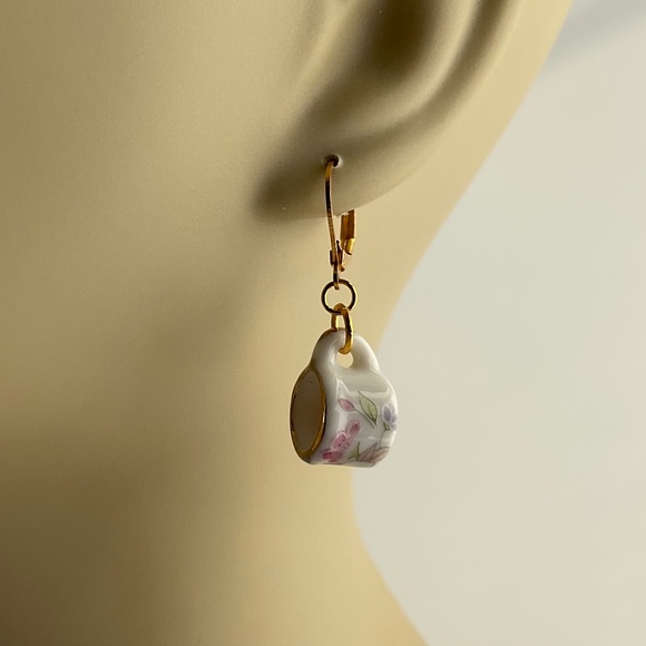 Host Pick! Pink Floral Ceramic Miniature Tea Mug Earrings with a Pink Flower - Picture 4 of 9